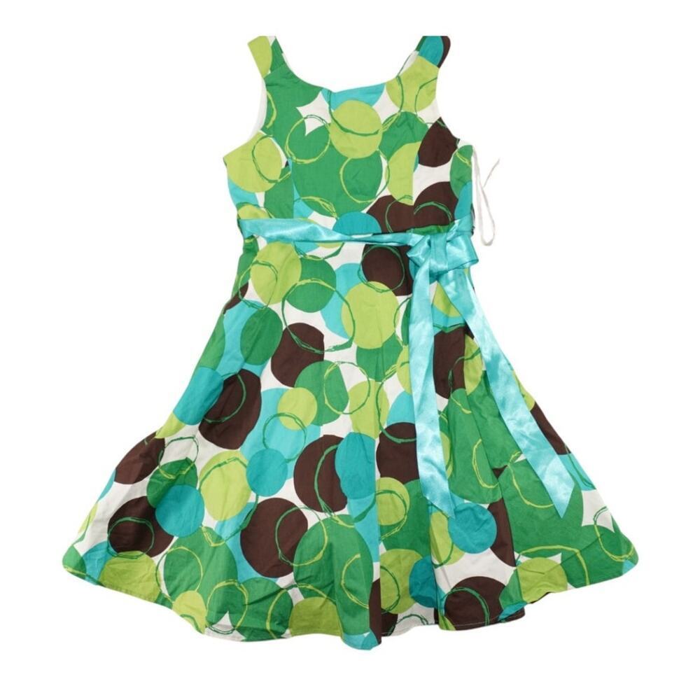 Girls Green Blue Polka Dot Fit & Flare Dress With Satin Bow Belt 10